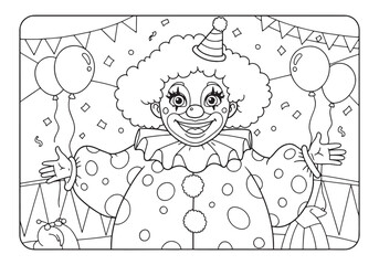 Whimsical Clown Coloring Page, A delightful black and white illu