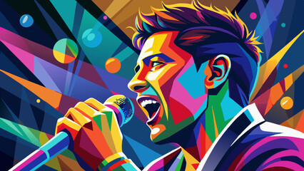 Fototapeta premium : close up Illustration: Colorful silhouette of a male singer, the singer sings into a microphone at a concert