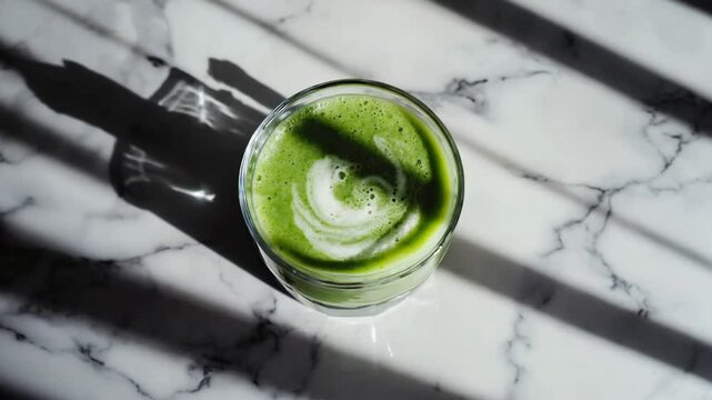 Glass of vibrant green matcha latte or drink with a frothy top, viewed from above. Ideal for healthy beverages, wellness, and mindful living concepts.