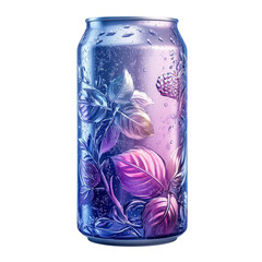 Fototapeta premium An ethereal soda can blooming with embossed raspberry and leaves in on transparent background