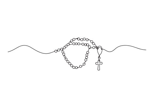 Continuous line drawing of rosary beads depicting faith and devo