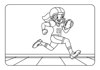 Coloring page illustration of a female football player running w