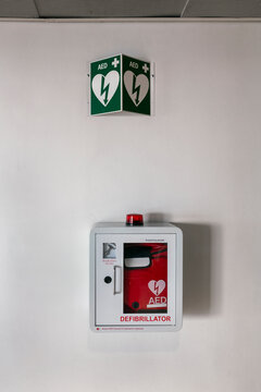 Automated External Defibrillator mounted on wall