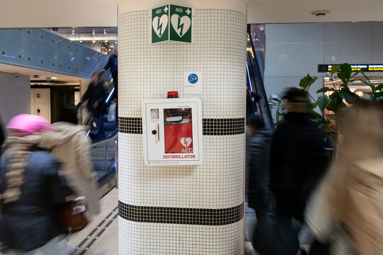 Defibrillator mounted on pillar at subway station