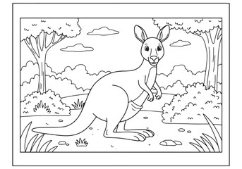Kangaroo illustration for children's coloring book page in black