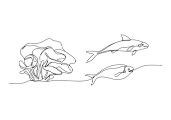 Underwater Ecosystem Continuous Line Drawing, Marine Life and Co
