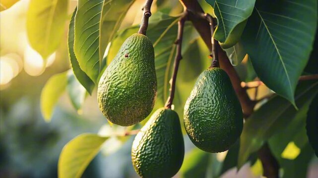 Ripe avocado fruits hanging on tree branch in garden against the backdrop of sunset rays. Tropical fruit avocado, healthy food rich in fats for health and beauty. Avocado plantation