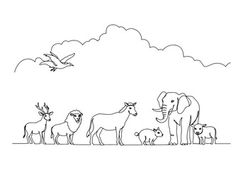 Continuous Line Drawing of Animals and Cloudscape in Black and W