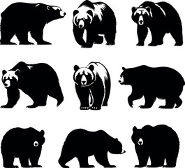 Nine Silhouetted Bears in Various Poses Showing Different Bear Species