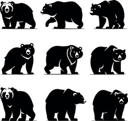 A collection of nine bear silhouettes in various poses and styles