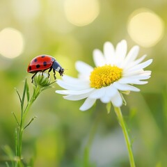 Ladybug on a daisy in a sunny meadow