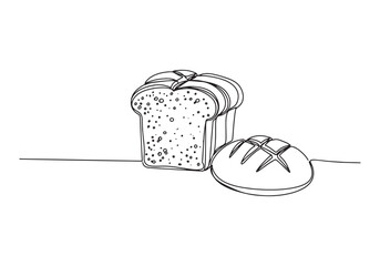 Continuous line drawing of bread loaf and slice on white backgro
