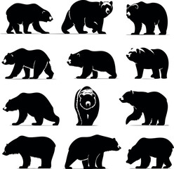 Silhouette Collection of Various Bear Poses and Views in Black and White