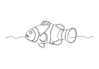 Minimalist one line drawing of a clownfish, underwater life conc