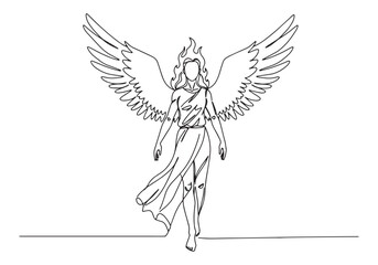 Fototapeta premium Continuous Line Drawing of Vehuiah Angel with Fire Hair and Wing
