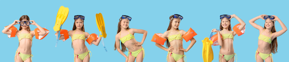 Collage of cute little girl in swimsuit, with inflatable armbands, snorkeling mask and flippers on blue background © Pixel-Shot
