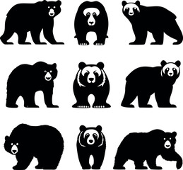 Set of nine silhouette illustrations of different types of bears