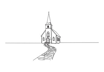 Elegant Church Illustration in Continuous Line Style with Stone