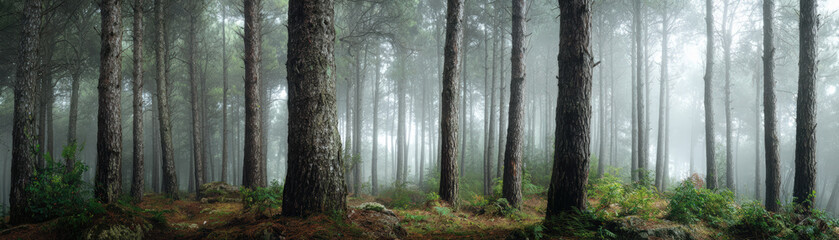 Fototapeta premium Serene high resolution panoramic photo of tall pine trunks surrounded by mist, creating tranquil atmosphere in dense forest. soft light filters through trees, enhancing natural beauty