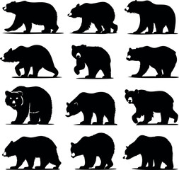 Silhouettes of Brown Bears in Various Poses on a White Background