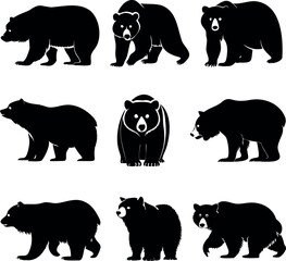 Collection of Nine Black Bear Silhouettes Displaying Various Poses and Characteristics