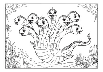 Scylla with multiple heads for coloring book page, sea monster i