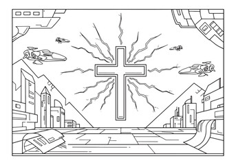 Obraz premium Futuristic coloring page showcasing a cross and electrical eleme