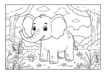 Adorable baby elephant in the jungle coloring page for kids acti
