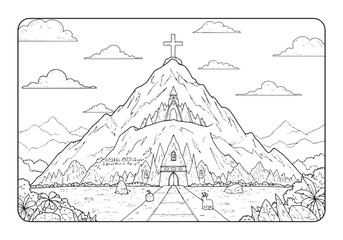 Holy Mountain Coloring Page with Cross, Cathedral, and Cartoon S