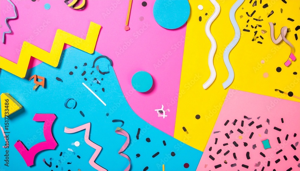 Poster retro 90s abstract background with memphis design elements, squiggles and zigzags in vibrant playful
