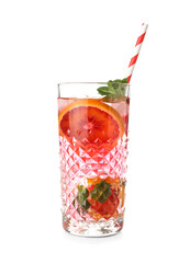 Glass of tasty blood orange lemonade isolated on white background