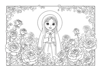 Charming Coloring Page of Virgin Mary Surrounded by Roses Illust