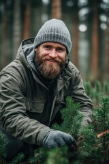 Obraz premium Smiling man in jacket and knit hat sitting in forest near green trees during cold weather with happy expression