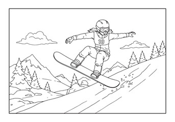 Fototapeta premium Snowboarding adventure coloring page for kids and adults featuri
