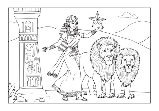 Ishtar Mesopotamian Goddess Coloring Page with Lions and Star Ou