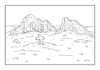 Fototapeta premium Black and white drawing of a destroyed building and a cross for