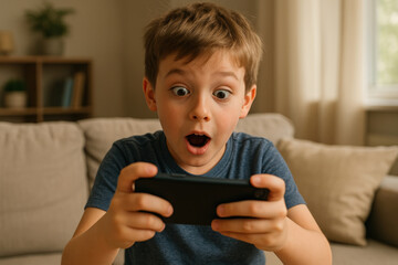 Young boy engrossed in a mobile video game.