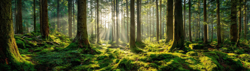 Obraz premium Serene forest scene with sunlight diffusing through tall trees, creating magical atmosphere. ground is covered in lush green moss, enhancing tranquil beauty of nature