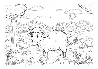 Lost Sheep in a Serene Landscape Coloring Book Page Illustration