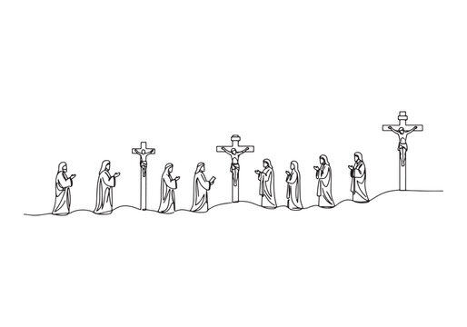 Good Friday Procession, A Continuous Line Illustration of Religi