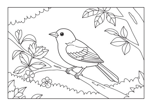 Detailed oriole bird perched on branch coloring page illustratio