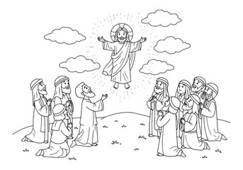 Obraz premium Feast of the Ascension coloring page with Jesus Christ rising to