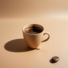 Obraz premium A lone coffee bean casting a giant cup-shaped shadow, soft beige background.