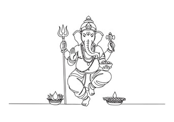 Elegant Ganesha continuous line drawing illustration in black an