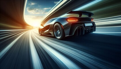 Naklejka premium A sports car speeding on a winding highway with motion blur to show acceleration.