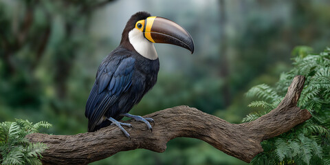 Fototapeta premium Keel-billed Toucan Perched in Tropical Habitat: A striking keel-billed toucan perches gracefully on a branch amidst the lush greenery of a tropical forest.