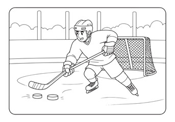Detailed line art drawing of a hockey player in action coloring