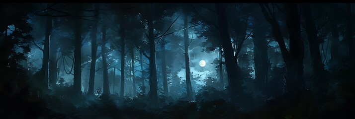A dark forest at night with tall trees and the moon shining through