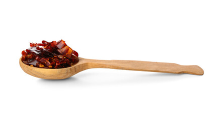 Wooden spoon with sliced chili pepper on white background