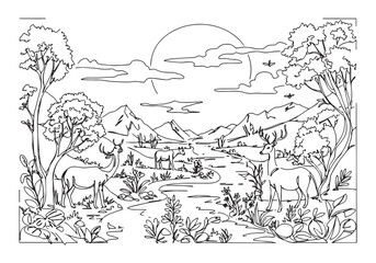 Obraz premium Enchanting Coloring Book Page, Serene Landscape with Deer in Nat